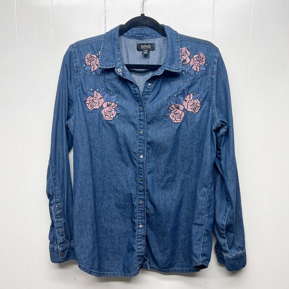 Buffalo Embroidered Chambray Women's Button Front Blue Shirt Sz Large Breathable